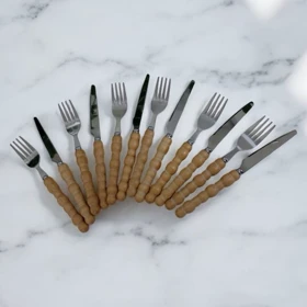 کارد و چنگال دسته بامبو طرح مرواریدی / BS636