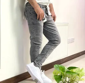 شلوار جین مردانه فول کش رنگ طوسی روشن