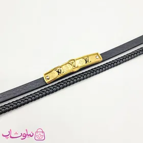 دستبند مردانه چرم و استیل مدل لویی ویتون مشکی طلایی