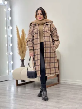 پالتو بلند چهارخونه سر جیب دکمه