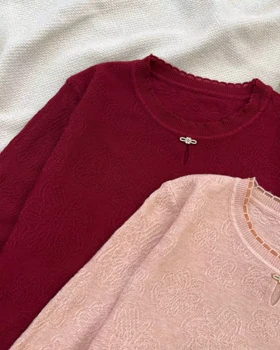 بلوز بافت آستین سه ربع یقه پاپیون کد 5297