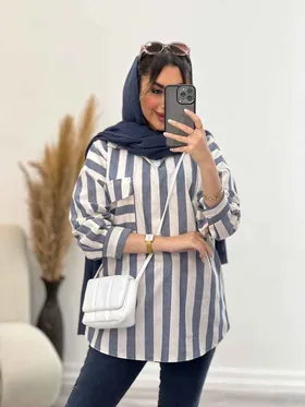 مانتو راه راه جلو بسته تک جیب