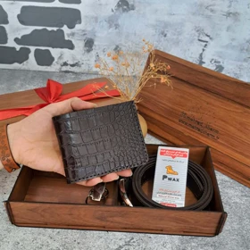 ست هدیه چرم مردانه چرم طبیعی کیف پول و کمربند چرم طبیعی مدل 3تیکه جیبی روکو قهوه ای