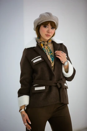 پالتو موهر یقه خز 4 جیب (قهوه ای)