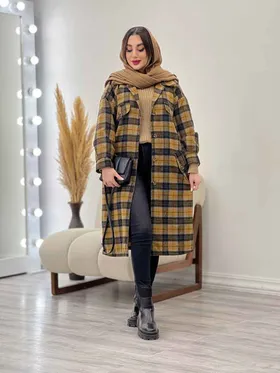 پالتو بلند چهارخونه سر جیب دکمه