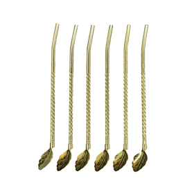 نی شربت استیل طلایی 6عددی بافرچه طرح برگ/p401