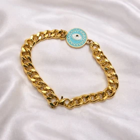 دستبند کارتیر استیل طرح «چشم‌نظر» | زنجیر کوبایی طلایی با پلاک میناکاری فیروزه‌ای