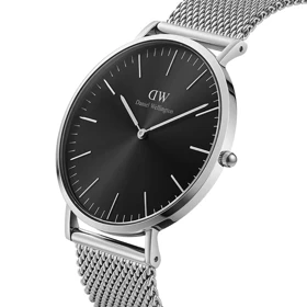 ساعت دنیل ولینگتون مردانه بند حصیری نقره ای صفحه مشکی DW-4697-G