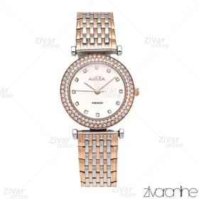 ساعت الکسا پریمیر زنانه رزگلد نقره ای صفحه سفید دور نگین 106136