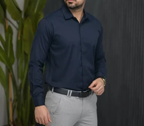 پیراهن سرمه ای کلاسیک ساتن کش پنبه مردانه
