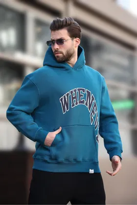 سویشرت مردانه سرپوش آبی بنزینی با جزئیات جیب چاپ شده E7065