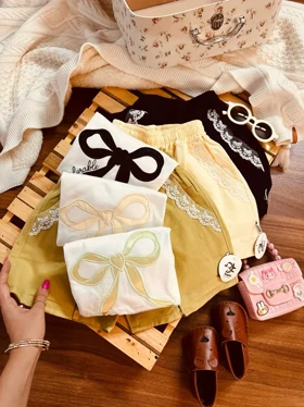 تیشرت شلوارک پاپیون گلدوزی