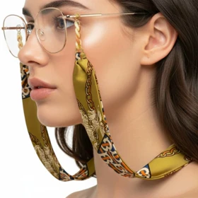 بند عینک ساتن ابریشم طلایی طرح دار