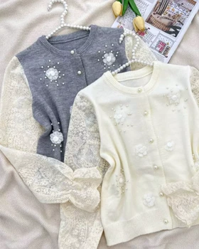 ژاکت بافت آستین کارشده گل و مروارید کد 5309