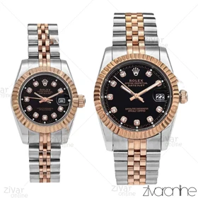 ست ساعت رولکس دیت جاست رزگلد نقره ای صفحه مشکی نگین‌دار 106113