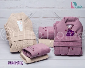 حوله ست دو نفره HANDMADE رنگ یاسی تیره و کرم تیره