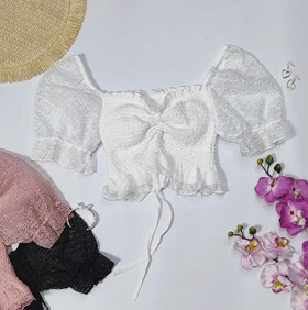 کراپ نیم‌تنه پینترستی اروپایی مدل آستین پفی کد 60106 (سفید)