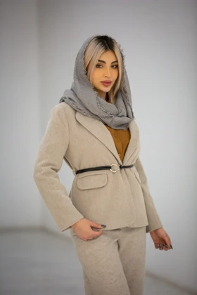 کت موهر جیب نما کمربند گره‌ای (بژ تیره)