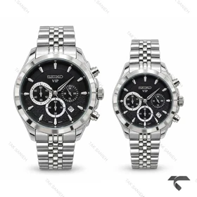 ست ساعت سیکو VIP سه موتوره کرنوگراف نقره ای صفحه مشکی Seiko-11455-S