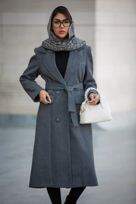 پالتو فوتر زنانه بلند یقه انگلیسی 4 دکمه (طوسی)