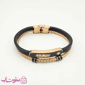 دستبند مردانه چرم و استیل رولکس رزگلد مشکی
