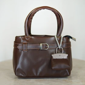 کیف دستی دخترانه با آویز کیف کوچک (قهوه ای)