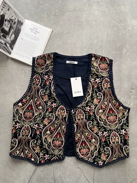 وست لینن گلدوزی سرمه ای