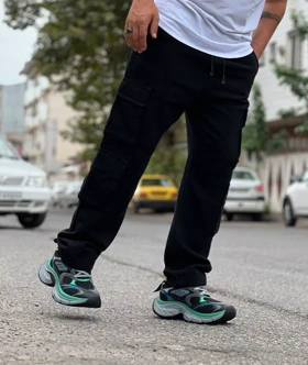 شلوار کارگو مشکی مردانه پارچه کتان کجراه اعلام پنبه اورجینال دیلم