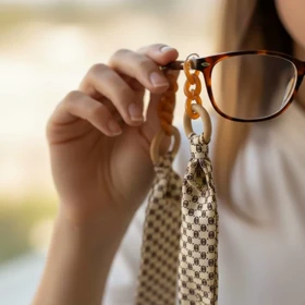 بند عینک ساتن ابریشم نسکافه ای طرح دار