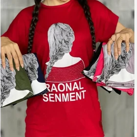 تیشرت زنانه ویسکوز نگین‌دار طرح گیسو