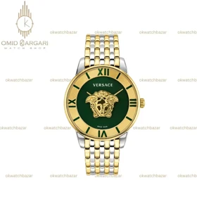 ساعت مچی ورساچه طرحدار بند سیلورطلایی صفحه سبز Versace