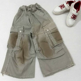 شلوار دخترانه جین بگ شافل زیتونی