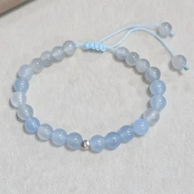 دستبند تمام سنگ عقیق آبی اصل و گوی نقره 925