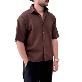 پیراهن مازراتی آستین کوتاه باکسی قهوه ای مدل ساده