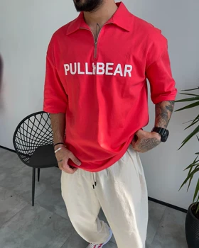 تیشرت یقه دار PULL&BEAR رنگ قرمز مرجانی