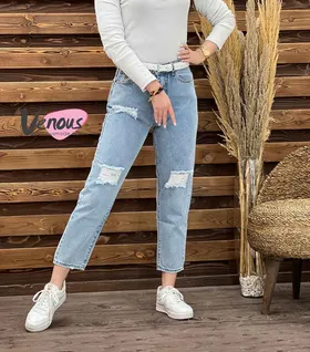 شلوار مام فیت زاپ‌دار آبی روشن