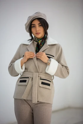 پالتو موهر یقه خز 4 جیب (بژ تیره)