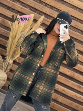 پالتو چهارخونه کلاهدار دکمه چوبی