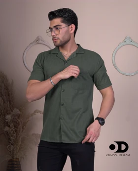 پیراهن انگلیسی سبز لجنی تک جیب مردانه پارچه مراکشی گرم بالا