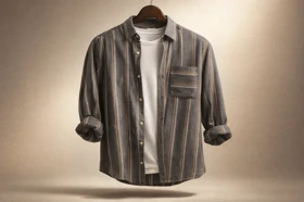 پیراهن مردانه راه راه بافت‌دار خاکستری تیره با رگه‌های بژ و کرم_اورجینال دیلم