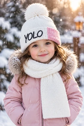 ست کلاه و شال گردن بافت بچگانه مدل YOLO - سفید با پچ صورتی (داخل مخمل)