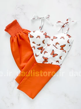 ست نیم‌تنه کاپ‌دار و شلوار پارچه ای بگ طرح پروانه