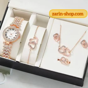 ست 5 تیکه ساعت زنانه نگینی جینوا و سرویس استیل