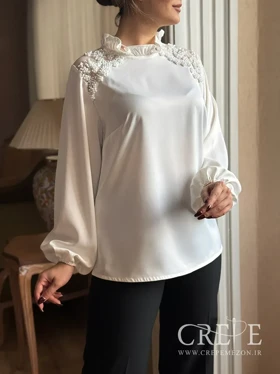 شومیز ساتن سرشانه تور سنگدوزی