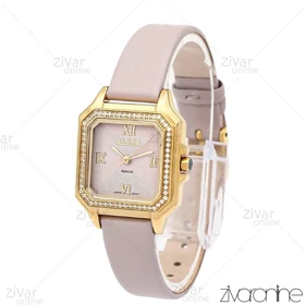 ساعت الکسا اسپشیال A2019 زنانه طلایی صورتی دور نگین بند چرمی 106216