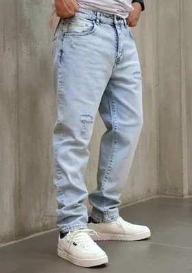 شلوار مام فیت آبی یخی زاپدار