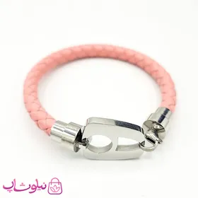 دستبند دخترانه نیمانی چرم و استیل صورتی