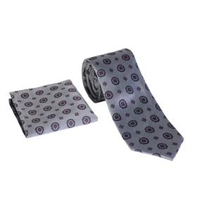ست کراوات و دستمال جیب طوسی طرح دار 98128