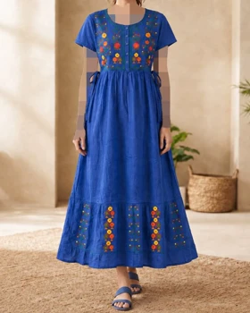 پیراهن زنانه گلدوزی آستین کوتاه هندی SH7636 (آبی)