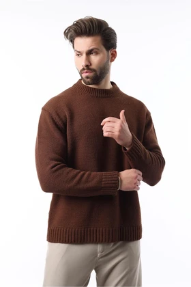 ژاکت بافتنی مردانه یقه کروی قهوه ای E7402